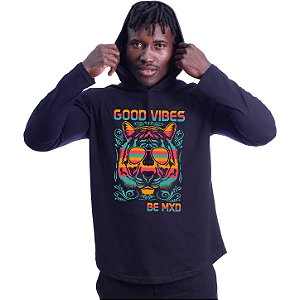 Camiseta Manga Longa Longline Com Touca MXD Conceito Good Vibes Lion