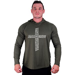Camiseta Manga Longa Longline Com Touca MXD Conceito Cruz Motivacional