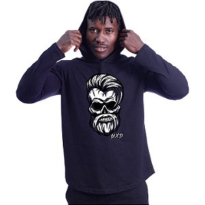 Camiseta Manga Longa Longline Com Touca MXD Conceito Angry Skull