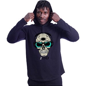 Camiseta Manga Longa Longline Com Touca MXD Conceito Caveira Mexicana
