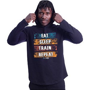 Camiseta Manga Longa Longline Com Touca MXD Conceito Eat, Sleep, Train, Repeat