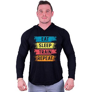 Camiseta Manga Longa Longline Com Touca MXD Conceito Eat, Sleep, Train, Repeat