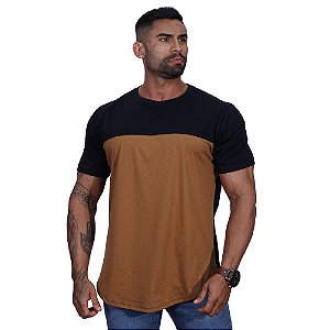 Camiseta Longline 100% Algodão Masculina MXD Conceito Bicolor Preto e Marrom Claro