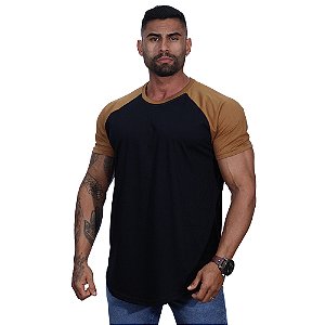 Camiseta Longline 100% Algodão Masculina MXD Conceito Raglan Marrom Claro e Preto