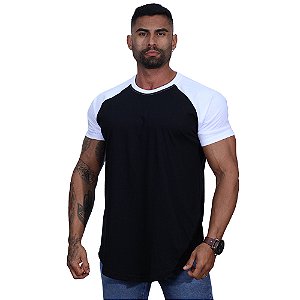 Camiseta Longline 100% Algodão Masculina MXD Conceito Raglan Branco e Preto