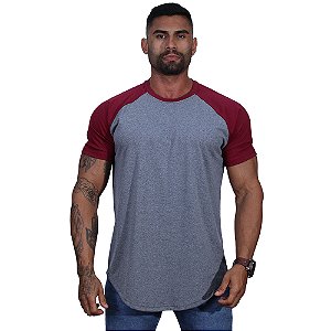 Camiseta Longline 100% Algodão Masculina MXD Conceito Raglan Vermelho e Cinza