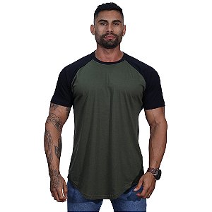 Camiseta Longline 100% Algodão Masculina MXD Conceito Raglan Preto e Verde Militar
