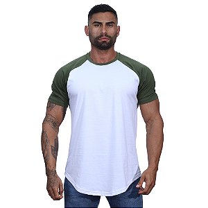 Camiseta Longline 100% Algodão Masculina MXD Conceito Raglan Verde Militar e Branco