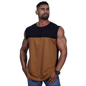 Regata Machão Longline Sem Manga MXD Conceito 100% Algodão Bicolor Preto e Marrom Claro