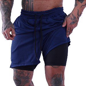 Bermuda Dupla 2 Em 1 Compressão com Suporte Toalha e Bolso Interno MXD Conceito Azul Marinho