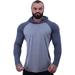Camiseta Manga Longa Longline Com Touca Raglan MXD Conceito Chumbo e Cinza