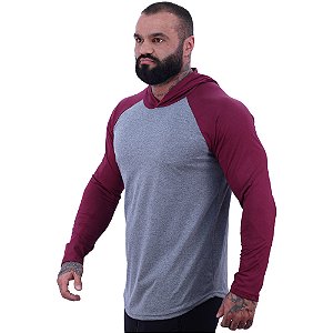 Camiseta Manga Longa Longline Com Touca Raglan MXD Conceito Vermelho e Cinza