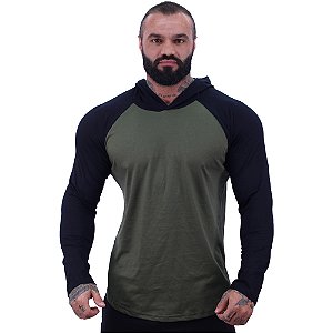 Camiseta Manga Longa Longline Com Touca Raglan MXD Conceito Preto e Verde Militar