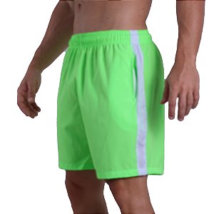 Short Tactel Listrado Elastic Masculino MXD Conceito 3 Bolsos Verde Fluorescente Neon Com Listra Branca