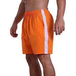 Short Tactel Listrado Elastic Masculino MXD Conceito 3 Bolsos Laranja Fluorescente Neon Com Listra Branca