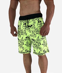 Bermuda Moletom MXD Conceito Caveira e Flores Amarelo Flúor