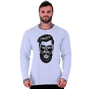 Camiseta Manga Longa Moletinho MXD Conceito Caveira Hipster Estilo Raro