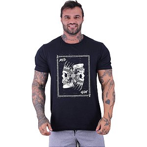 Camiseta Tradicional Manga Curta MXD Conceito Caveira Indígena Cocar