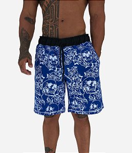 Bermuda Masculina Moletom MXD Conceito Caveira e Rosa Azul Royal