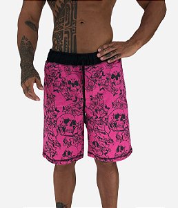 Bermuda Masculina Moletom MXD Conceito Caveiras e Rosas Rosa Fluorescente
