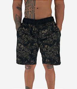 Bermuda Masculina Moletom MXD Conceito Caveira e Rosas Preto e Dourado