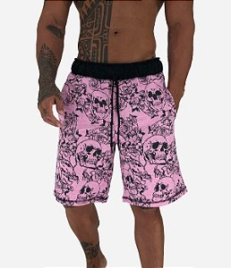Bermuda Masculina Moletom MXD Conceito Caveira e Rosas Rosa Bebê