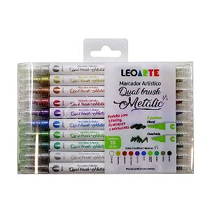 Estojo Caneta Para Lettering Leoart Dual Brush Metálica 10 Cores