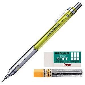 Kit Lapiseira Pentel Graphgear 300 0.9mm Verde + Grafite 0.9 HB + Borracha Hi-Polymer