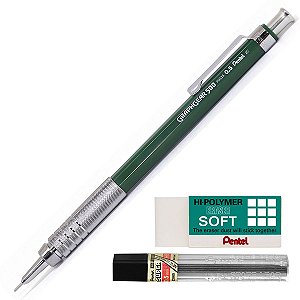 Kit Lapiseira Pentel Graphgear 500 0.5mm Verde + Grafite 0.5 HB + Borracha Hi-Polymer