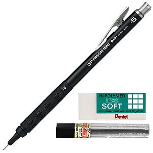 Kit Lapiseira Pentel Graphgear 1000 0.5mm + Grafite 0.5 HB + Borracha Hi-Polymer
