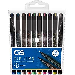 Caneta Extra Fina Cis Tip Line 0.4mm Estojo Com 10 Cores