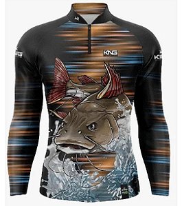 Camiseta de Pesca King - Listras Marrom e Azul