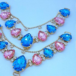 Cabedal em V Gotas Rosa com Azul