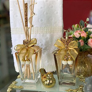 Kit Lavabo  Luxo Difusor E Saboneteira C/Bandeja passarinho DOURADO