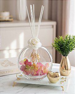 Kit Decorativo Difusor Aromatizador Vidro Flores + Bandeja e Vaso Dourado