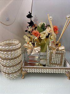 Kit Lavabo luxo pérolas com porta escova