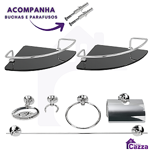 Kit Acessórios Banheiro inox 5 peças + 2 Porta Shampoo Canto Vidro Fumê