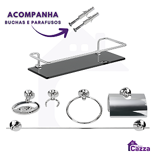 Kit Acessórios Banheiro inox 5 peças + 1 Porta Shampoo Reto Fumê