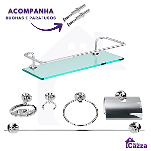Kit Acessórios Para Banheiro Aço Inox 6 Peças Com Porta Shampoo Reto