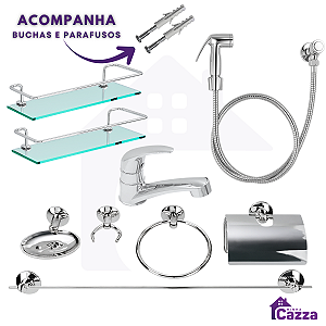 Combo Acessórios - 1 Torneira + 2 Porta Shampoo Reto + 1 Kit + 1 Ducha Higiênica