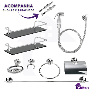Kit Acessórios Banheiro inox 5 peças + 2 Porta Shampoo Reto Vidro Fumê + 1 Ducha Higiênica cod330