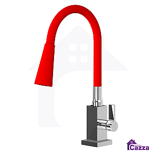 Torneira De Cozinha Gourmet Quadra Bancada Flexível Vermelha Duplo Jato 1/4 De Volta