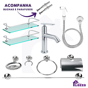 Combo Acessórios - 1 Torneira + 2 Porta Shampoo Reto + 1 Kit+ 1 Ducha Higiênica
