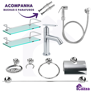 Combo Acessórios - 1 Torneira + 2 Porta Shampoo Reto + 1 Kit + 1 Ducha Higiênica