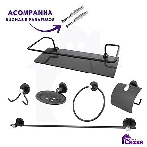 Kit Acessório Para Banheiro Aço Inox 6 Peças Com Porta Shampoo Vidro Retangular PRETO FOSCO