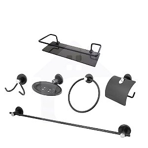 Kit Acessório Para Banheiro Aço Inox 6 Peças Com Porta Shampoo Vidro Retangular PRETO FOSCO cod602