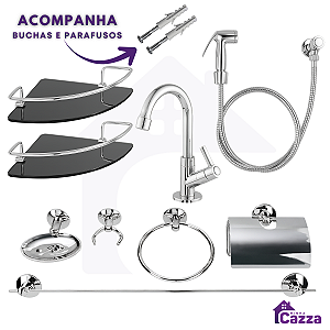 Combo Acessórios - 1 Torneira + 2 Porta Shampoo Canto Fumê + 1 Kit + 1 Ducha Higiênica