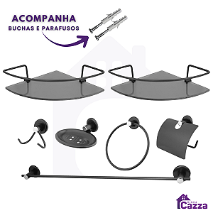 Kit Acessórios para Banheiro inox 5 peças + 2 Porta Shampoo Canto PRETO FOSCO