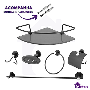 Kit Acessório Para Banheiro Aço Inox 6 Peças Com Porta Shampoo Vidro Canto PRETO FOSCO