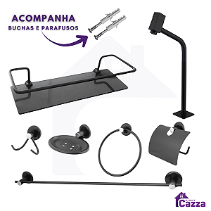 Kit Completo Banheiro - 1 torneira Preta + 1 porta shampoo reto Preto + 1 Kit Banheiro Preto